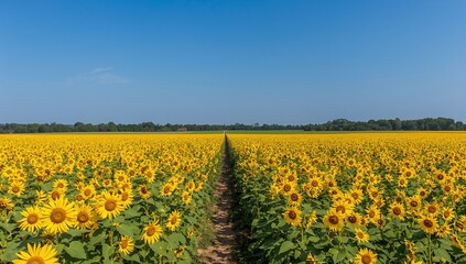 Fototapeta premium Vast sunflower field under clear blue sky bathed in golden sunlight
