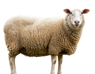 Fototapeta premium Angled Side View of a Sheep Grazing, Transparent Background