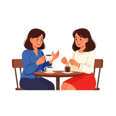 Fototapeta premium Two cheerful women enjoy a coffee date, sharing conversation and laughter in a cozy cafe setting.