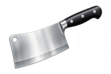 Black-handled meat cleaver with sharp blade resting on transparent surface, showcasing professional kitchen tool for precise cutting
