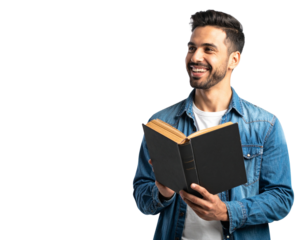 Angled View of Smiling Young Man with Black Book, Slightly Tilted, Isolated