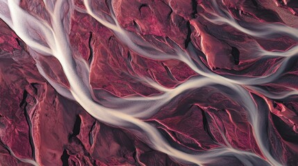 Aerial shot braided streams carve through ochre, textured landscape