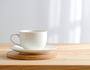 Fototapeta premium Minimalist White Cup on Wooden Coaster with Soft Light