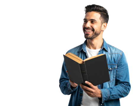 Angled View of Smiling Young Man with Black Book, Slightly Tilted, Isolated