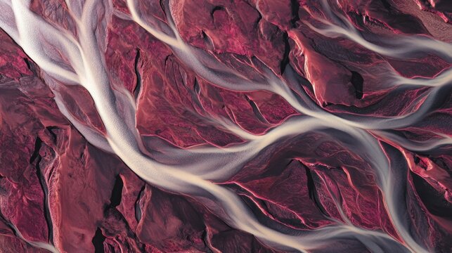 Aerial shot braided streams carve through ochre, textured landscape