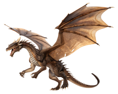 Majestic Dragon Soaring in Fantasy Realm with Scaled Body and Leathery Wings Isolated on Black Background