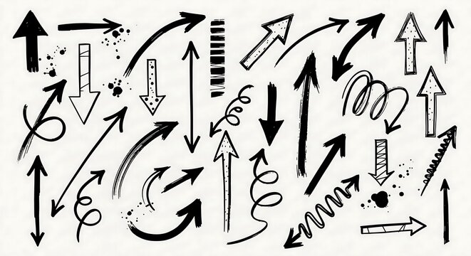 A collection of hand-drawn arrows in various styles, sizes, and directions. Includes straight, curved, and swirly arrows, some with textured fills. Black ink on white background.