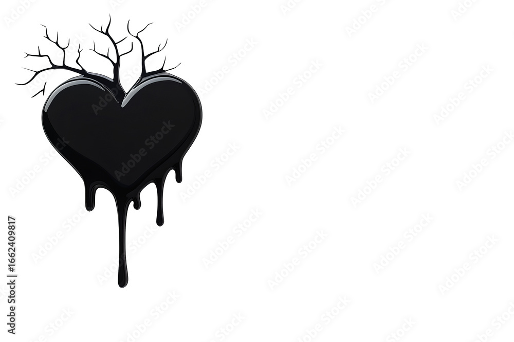 Poster heart shape drips downward against a stark background, sprouting small branching structures.