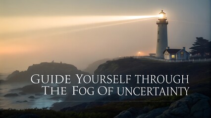 Lighthouse Illuminating the Coastline in Misty Evening Light