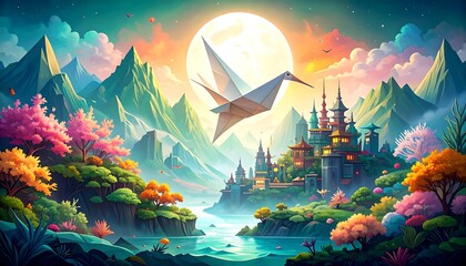 Vibrant fantasy landscape with origami crane