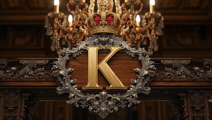 Ornate golden letter "K" emblem adorned with a royal crown and intricate decorative elements, set against a backdrop of opulent wood and lighting.