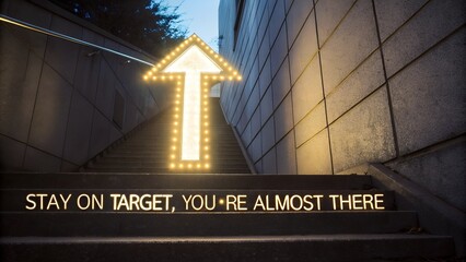 Illuminated Arrow Sign on Stairs with Motivational Message