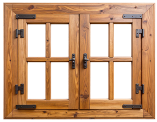 Close-Up of Open Rustic Window with Visible Hinges, Top-Down View, Transparent Background
