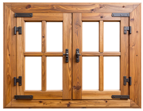 Close-Up of Open Rustic Window with Visible Hinges, Top-Down View, Transparent Background