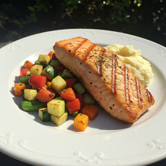 grilled salmon fish breast with vegetables