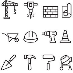 Construction and building tools icon set in outline style, Black outline icons of construction tools including crane, drill, helmet, wheelbarrow, hammer, and more, ideal for building, industry