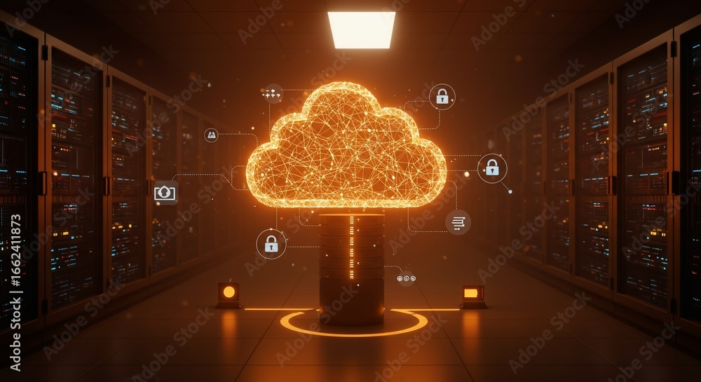Poster luminous plexus cloud hub in a futuristic data center hallway with secure network icons.