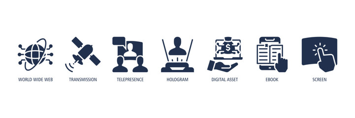 Digital Communication Glyph Icons Web Banner – World Wide Web, Transmission, Telepresence, Hologram, Digital Asset, Ebook, Screen