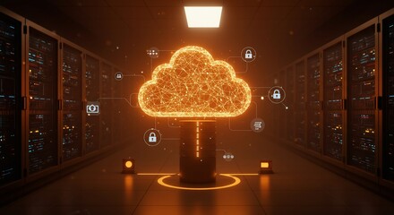 Luminous Plexus Cloud Hub in a Futuristic Data Center Hallway with Secure Network Icons.