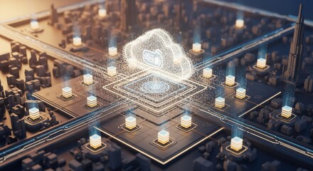 Luminous Particle Cloud Powering a Futuristic Circuit Board Metropolis.