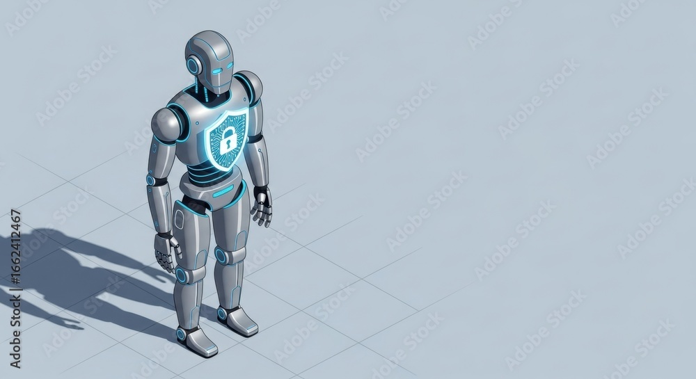 Poster isometric robot guard equipped with security shield standing vigilant for cybersecurity