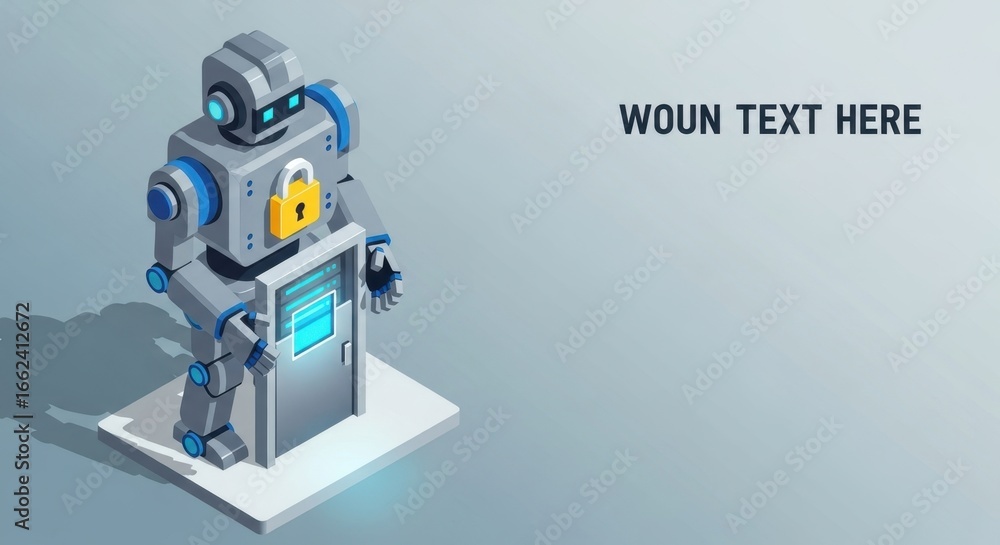 Poster isometric robot guarding a secured door with a padlock in a futuristic setting