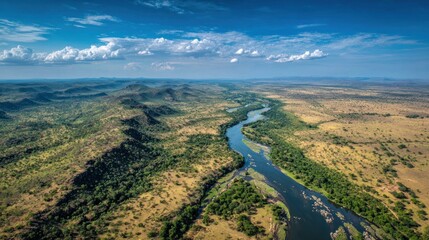 Naklejka premium Aerial view of a meandering river through arid African terrain under a bright blue sky