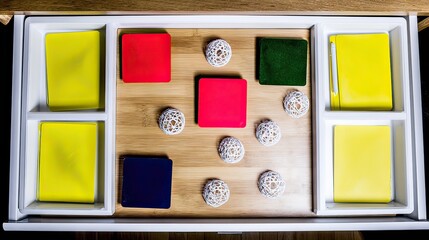 Organized desk drawer with colorful squares, lace doilies, and stationery