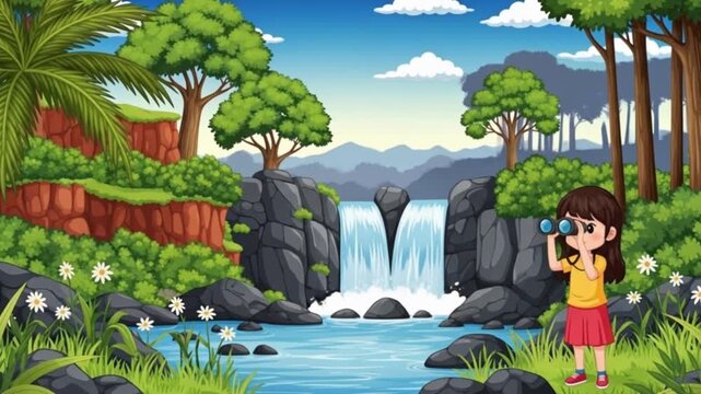 Animated Girl with Binoculars Exploring Waterfall Landscape, Cartoon Adventure