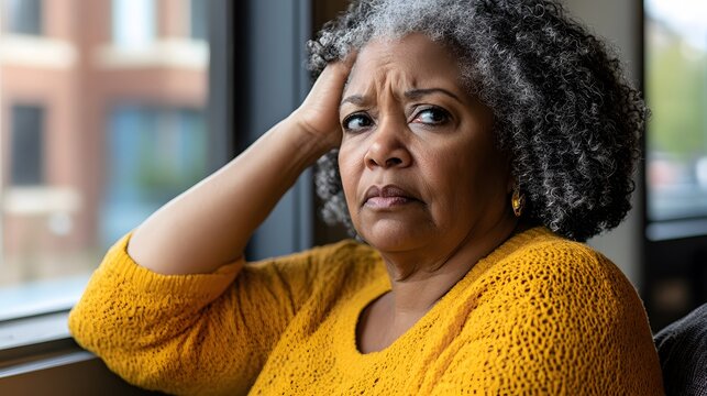 Worried Senior Woman Contemplating Near Window