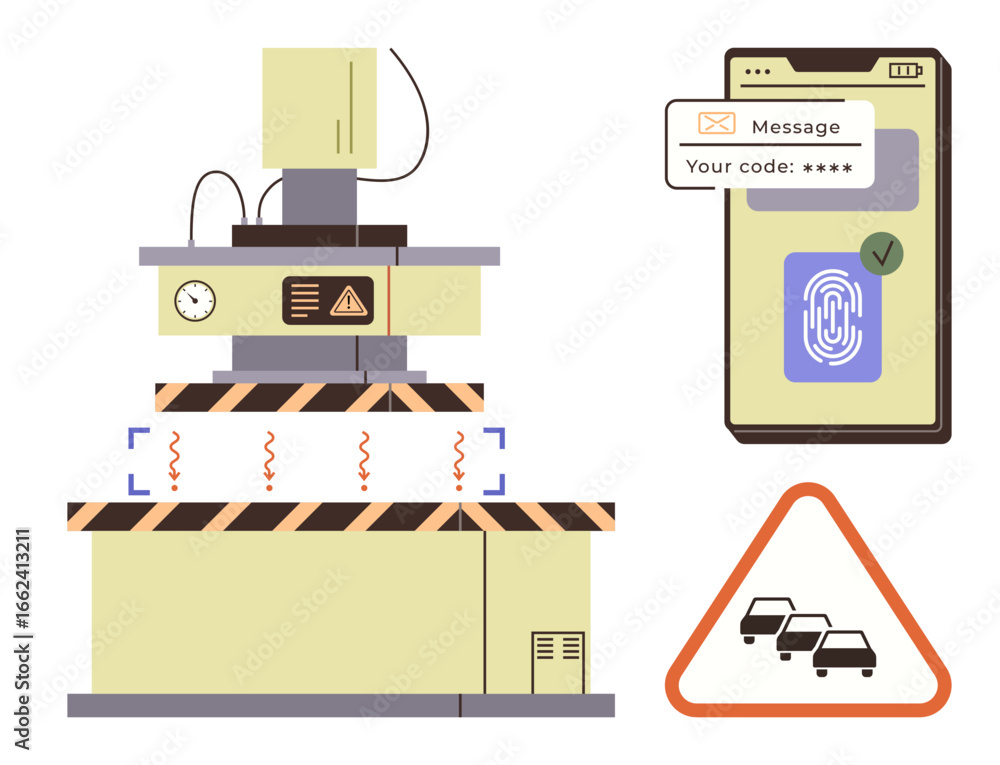 Poster factory machine emitting heat, phone with fingerprint verification and code message, and traffic con