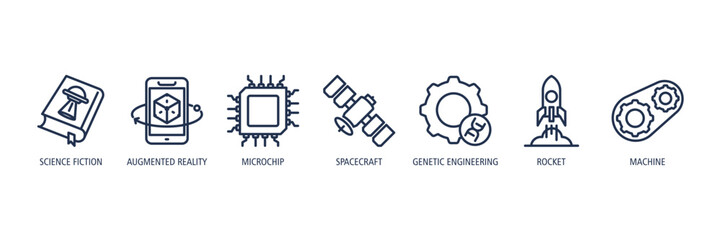 Science & Engineering Outline Icons Web Banner &ndash; Science Fiction, Augmented Reality, Microchip, Spacecraft, Genetic Engineering, Rocket, Machine