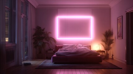 Bedroom Interior with Pink Neon Light and Plants