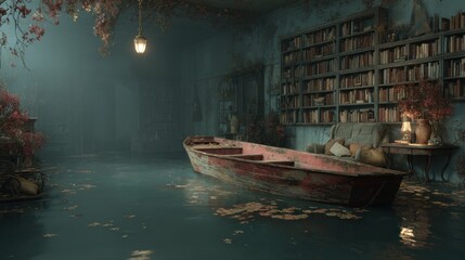 Obraz premium Mysterious indoor scene with a boat in water, library and aged aesthetic design