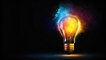 Creative light bulb explodes with colorful paint concept. Colorful light bulb generating creative energy and inspiration.