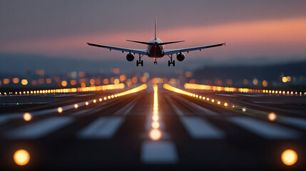 Close Up of Aircraft Taxiing Solo on Lit Runway Under Cloudy Sky on Transparent Background