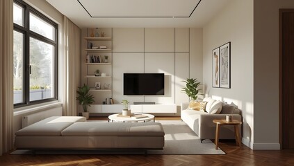 Fototapeta premium Modern living room design interior space furniture arrangement natural light background minimalist style cozy environment