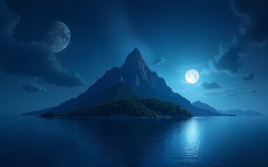 fantasy night lanscape, mountain island floating above sea  and starry sky with moon. High quality