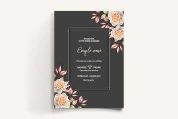 WEDDING INVITATION FRAME WITH FLOWER DECORATIONS AND FRESH LEAVES