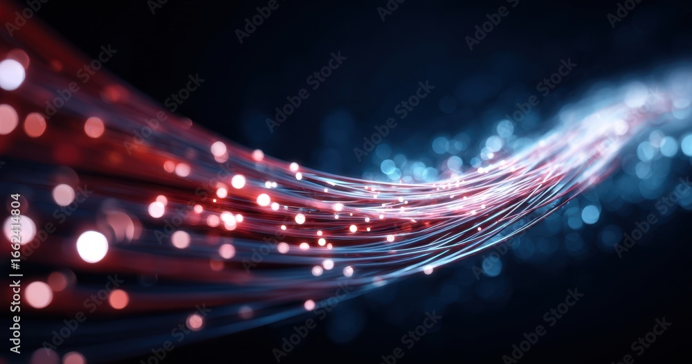 Poster abstract dynamic light trails with glowing particles flowing across a dark background