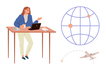 Woman holding coffee and gesturing at desk with laptop beside globe and airplane. Ideal for remote work, global business, travel planning, connectivity, e-learning, teamwork, simple flat metaphor