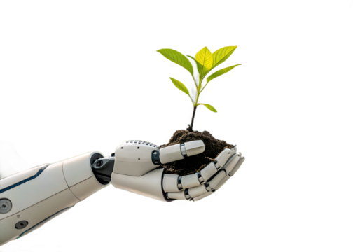 Robot Hand Holding a Sprout Symbolizing the Future of Sustainable Technology and Environmental Protection in the Age of Artificial Intelligence - Powered by Adobe