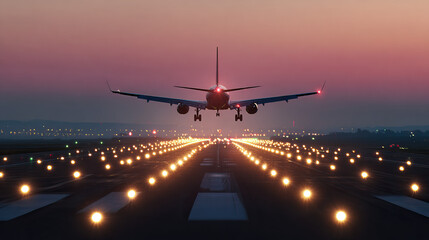 Single Airplane Moving Along Glowing Runway Lights at Twilight on Transparent Background