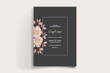 WEDDING INVITATION FRAME WITH FLOWER DECORATIONS AND FRESH LEAVES