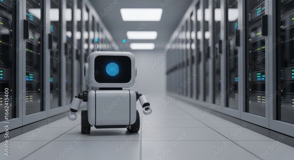 Poster robot assistant managing data storage in a modern server room futuristic technology