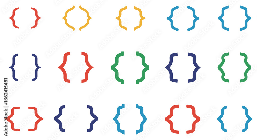 Poster a collection of colorful curly brackets and parentheses on a white background
