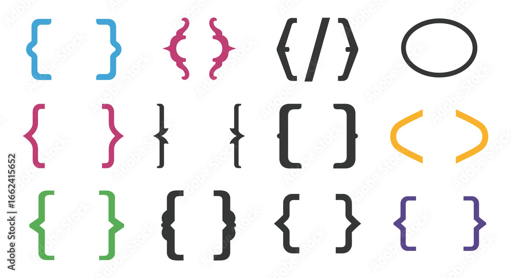 Poster collection of various colorful brackets and parentheses symbols on white background