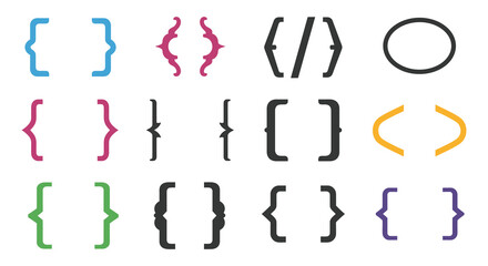 Collection of various colorful brackets and parentheses symbols on white background