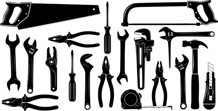 A collection of various hand tools including wrenches pliers saws screwdrivers and hammers in black silhouette | editable eps vectors