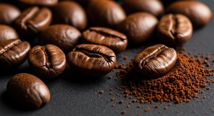 Fototapeta premium Close-up of Roasted Coffee Beans with Ground Coffee on Dark Background